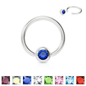 Piercing sebészeti acélból – gyűrű egy színes kristállyal egy kerek foglalatban - Méret: 1,2 mm x 10 mm, A cirkónia színe: Lila - A