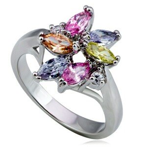 Fényes fém gyűrű - virág, színes könnycsepp- és kör alakú cirkóniák - Nagyság: 52