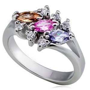 Fényes fém gyűrű - három színes, búzaszem cirkónia, pici, tiszta kövecskékkel - Nagyság: 52