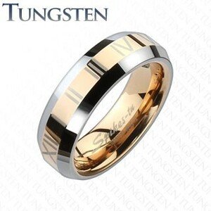 Tungsten karikagyűrű - vörösarany sáv római számokkal - Nagyság: 49