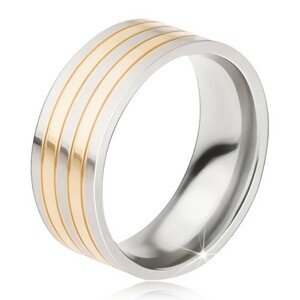 Titán gyűrű - fényes ezüst-arany színű gyűrű, váltakozó sávok - Nagyság: 57