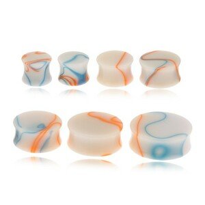 Akril plug fülbe, bézs szín, kék-narancs vonalak - Vastagság: 14 mm, Szín: Kék - narancs