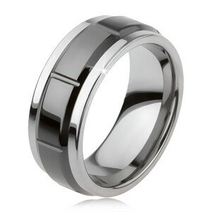 Tungsten gyűrű bemetszésekkel, ezüst szín, fényes, fekete felület - Nagyság: 54