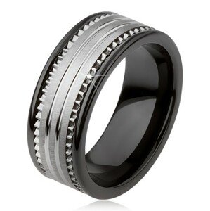 Tungsten, fekete, kerámia gyűrű, ezüst felülettel és sávokkal - Nagyság: 54