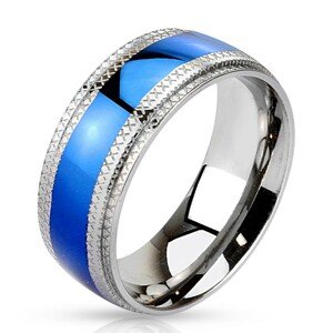 Acél gyűrű középen kék sávval, vésett mintás szegéllyel - Nagyság: 66