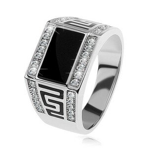 925 ezüst gyűrű, fekete téglalap, átlátszó csillogó kövek, görög kulcs - Nagyság: 69