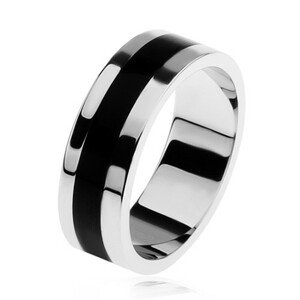 Fényes 925 ezüst gyűrű, fekete fénymázas sáv középen - Nagyság: 54
