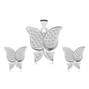 Szett 925 ezüstből - medál és fülbevaló, pillangó, átlátszó cirkóniák