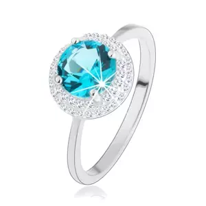 Csillogó gyűrű, 925 ezüst, kerek cirkónia tengerkék színben, átlátszó szegéllyel - Nagyság: 50