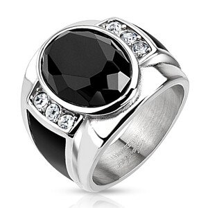 Acél gyűrű fekete csiszolt oválissal, átlátszó cirkóniákkal és fekete sávokkal - Nagyság: 69