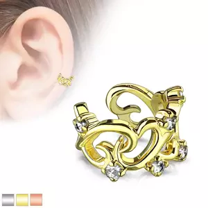 Hamis fül piercing - összefonódott szív alakzat cirkóniákkal - A piercing színe: Arany