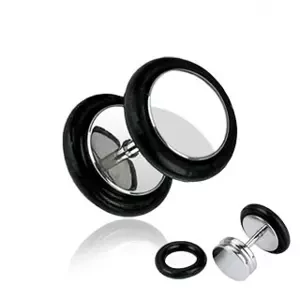 Hamis fültágító dugó 316L acélból - fényes kerek forma, fekete gumigyűrűk, 10 mm