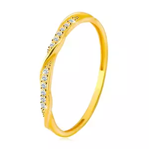 14K sárga arany gyűrű - átlátszó cirkóniás kontúr egy fényes és sima vonal köré tekerve - Nagyság: 51