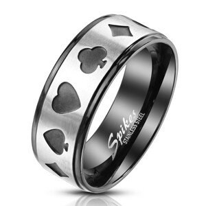 Acél gyűrű, fekete-ezüst árnyalatban - a póker kártyajáték  szimbólumai, 8 mm - Nagyság: 59