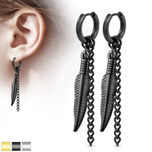 Karika fülbevaló acélból – egy tollból és egy rövid láncból álló medállal - Szín: Fekete