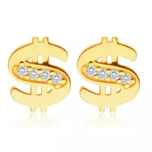 14K sárga arany gyémánt fülbevaló – dollárjel, apró, átlátszó briliánsokkal díszítve