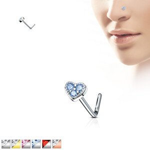 Ívelt acél orr piercing - cirkóniával díszített szív, különböző színekben - A cirkónia színe: Ezüst- kék