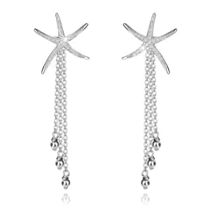 925 ezüst fülbevaló – tengeri csillag, kerek cirkóniák, dekoratív rövid láncok
