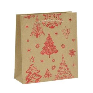 Papír ajándék táska - barna - piros, karácsonyi motívum, madzaggal