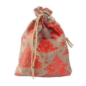 Textil ajándék táska - fák és hópelyhek, barna - piros színben
