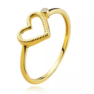 585 sárga arany gyűrű - barázdált szív, kerek cirkónia - Nagyság: 52