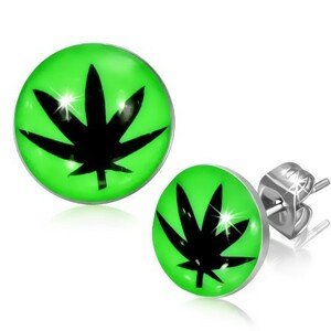 Bedugós fülbevaló acélból, fénymáz, fekete marihuánna levél, zöld háttér