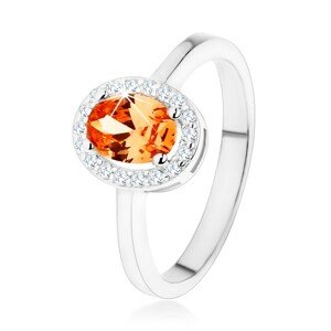 925 ezüst gyűrű, narancs színű ovális cirkónia, átlátszó csillogó keret - Nagyság: 48