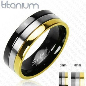 Titánium karikagyűrű - arany, ezüst és ónyx vonalak - Nagyság: 49