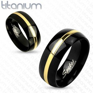 Fekete karikagyűrű titánból, fényes gömbölyű felszín, arany színű sáv, 8 mm - Nagyság: 59