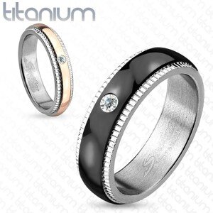 Titán karikagyűrű, ezüst szín, fekete cirkóniás sáv, recék, 6 mm - Nagyság: 59
