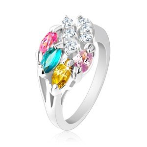 Csillogó ezüst gyűrű, színes és átlátszó cirkóniákkal - Nagyság: 49