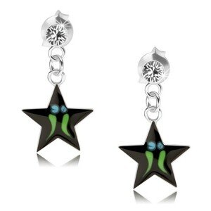 925 ezüst fülbevaló, fekete csillag - zöld sávok, átlátszó Swarovski kristály