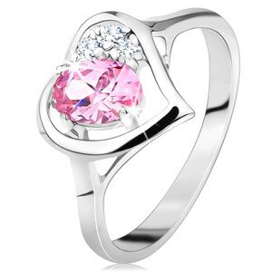 Ezüst színű gyűrű, szívkörvonal rózsaszín oválissal és átlátszó cirkóniákkal - Nagyság: 49