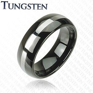 Fekete tungsten karikagyűrű, ezüst színű sáv, lekerekített felszín, 8 mm - Nagyság: 49