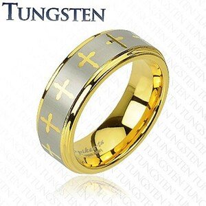 Arany színű tungsten gyűrű, keresztek és ezüst színű sáv, 8 mm - Nagyság: 52