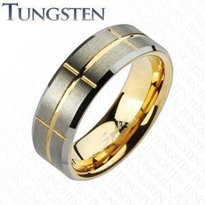 Kétszínű tungsten karikagyűrű, arany és ezüst árnyalatok, bevágások, 8 mm - Nagyság: 49