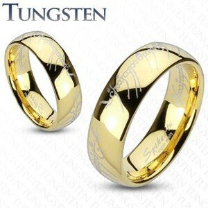 Tungsten karikagyűrű, lekerekített arany színű felszín, Gyűrűk ura motívum, 6 mm - Nagyság: 49
