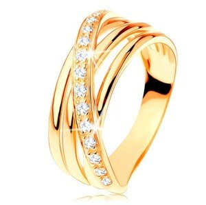 Gyűrű 14K sárga aranyból - három sima sáv, ferde cirkóniás vonal - Nagyság: 49