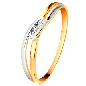 Gyémánt gyűrű 14K aranyból, három átlátszó briliáns, kettéválasztott hullámos szárak - Nagyság: 50