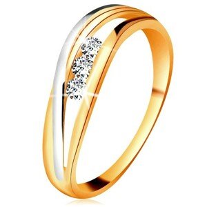 Brilliáns gyűrű 14K aranyból, hullámos kétszínű szárak, három átlátszó gyémánt - Nagyság: 57
