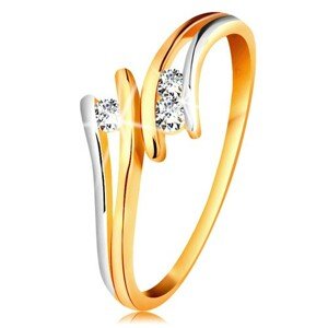 Gyémánt 585 arany gyűrű, három csillogó átlátszó briliáns, osztott kétszínű szárak - Nagyság: 50