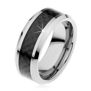 Volfrám gyűrű ezüst színben, középső sáv fekete szövetből, 8 mm - Nagyság: 49