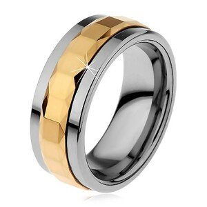 Gyűrű volfrámból, ezüst és arany szín, forgatható sáv négyzetekkel, 8 mm - Nagyság: 49