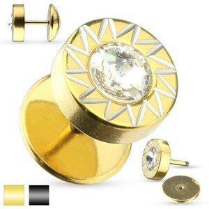 Hamis acél plug fülbe - Nap átlátszó csillogó cirkóniával középen - A piercing színe: Arany