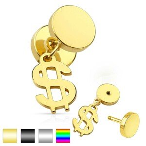Hamis plug fülbe sebészeti acélból, fényes körök, dollár szimbóluma - A piercing színe: Arany