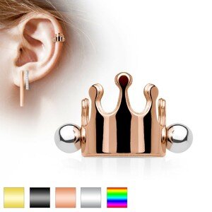 Acél fülpiercing, királyi korona, súlyzó golyókkal, különböző színek - A piercing színe: Ezüst
