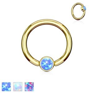 316L acél piercing, fényes karika arany színben szintetikus opállal - Vastagság x átmérő x golyócska mérete: 1,6 x 10 x 4 mm, Szín: Kék