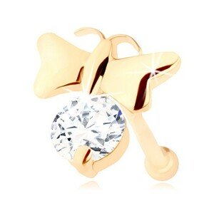 Gyémánt 14K sárga arany orr piercing - fényes pillangó és átlátszó gyémánt