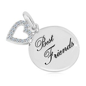 925 ezüst medál - fényes kör, "Best Friends" felirat, szív körvonala cirkóniákkal