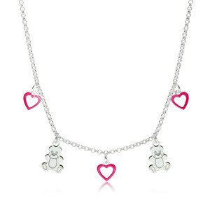 925 ezüst nyaklánc gyerekeknek - szívkörvonalak rózsaszín fénymázzal és fényes macik